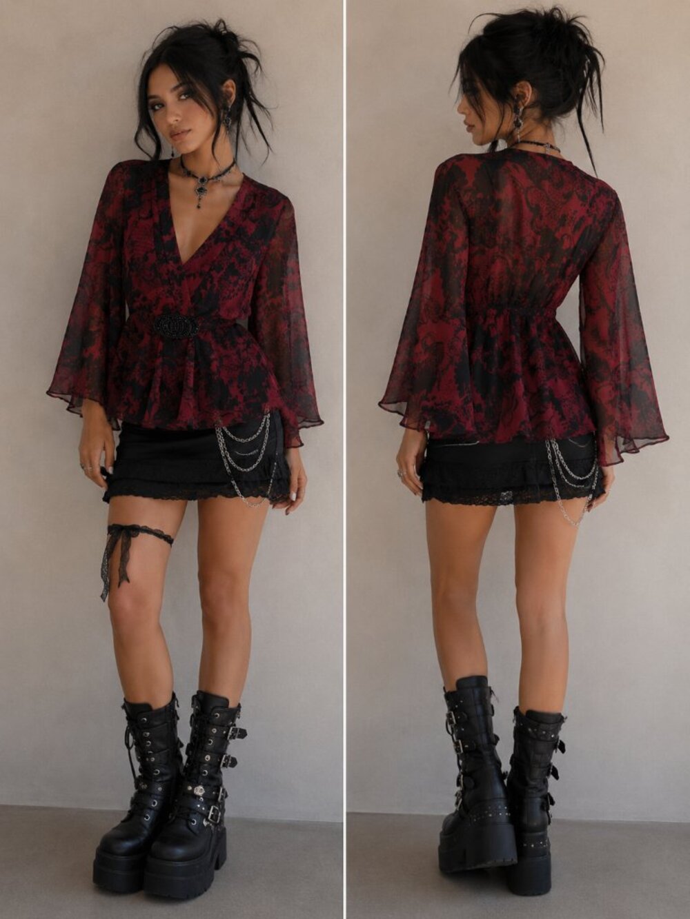 Whimsigothic Connected Apparel Top Red Moody Floral Bell Sleeve Beaded Goth
